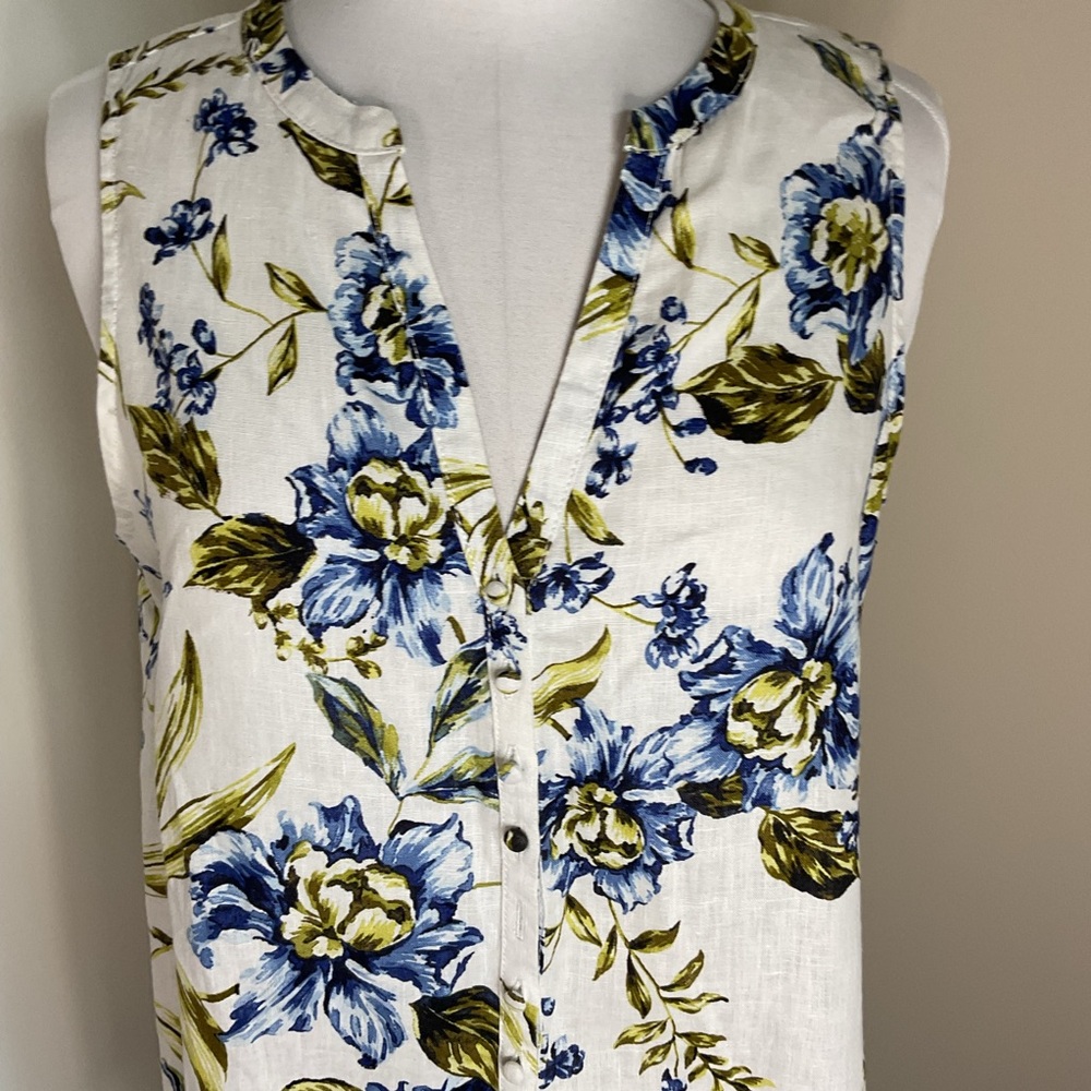 Joie Linen Sleeveless Floral Blouse Blue Green Summer Top Size Medium - Picture 2 of 6